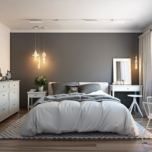 Foto de habitación de invitados actual, pequeña, sin chimenea, con paredes grises y suelo de linóleo