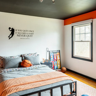 Ejemplo de dormitorio contemporáneo, de tamaño medio, con parades naranjas
