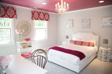 Photo of a classic grey and pink bedroom in New York with grey walls and carpet.