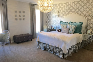 This is an example of a medium sized eclectic master bedroom in Other with grey walls and carpet.