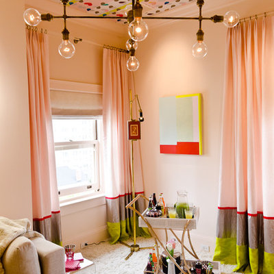 Bedroom - eclectic carpeted bedroom idea in San Francisco with pink walls