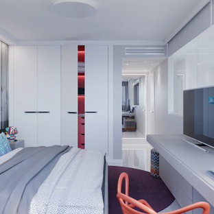 Foto de habitación de invitados contemporánea, de tamaño medio, con paredes grises, suelo de baldosas de porcelana y suelo blanco