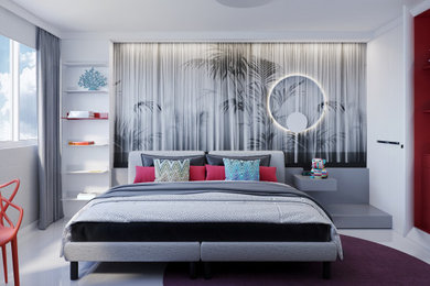 他の地域にある中くらいなコンテンポラリースタイルのおしゃれな客用寝室 (グレーの壁、磁器タイルの床、白い床、壁紙) のレイアウト