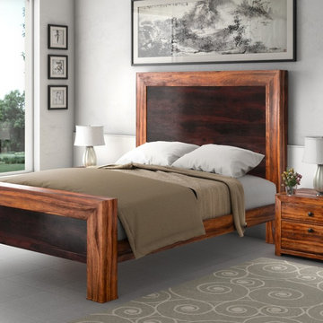 Texas Solid Wood Paneled Platform Bed Frame w Headboard and End Table
