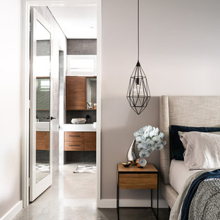 Design ideas for a contemporary master bedroom in Perth with grey walls, concrete floors and grey floor.