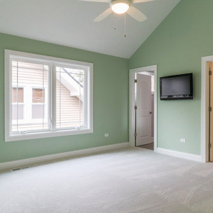 Imagen de habitación de invitados actual, de tamaño medio, con paredes verdes, moqueta y suelo blanco