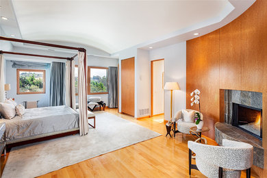 サンディエゴにある広いコンテンポラリースタイルのおしゃれな主寝室 (グレーの壁、無垢フローリング、横長型暖炉、タイルの暖炉まわり、茶色い床、グレーとブラウン)