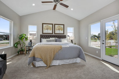 Bedroom - transitional master carpeted bedroom idea in Other with gray walls, a corner fireplace and a stone fireplace