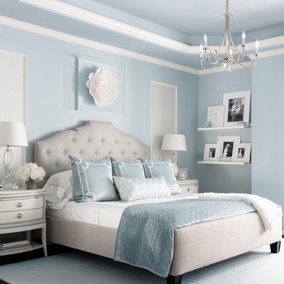 Example of a large transitional master dark wood floor and brown floor bedroom design in Houston with blue walls and no fireplace
