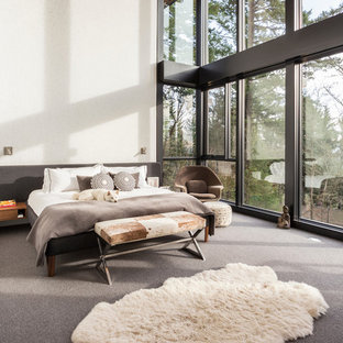 Großes Mid-Century Hauptschlafzimmer mit weißer Wandfarbe, Teppichboden, Kamin, Kaminumrandung aus Metall und grauem Boden in Portland