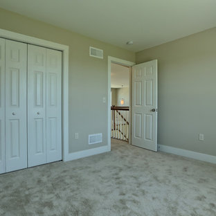 Large transitional guest carpeted and beige floor bedroom photo in Other with beige walls