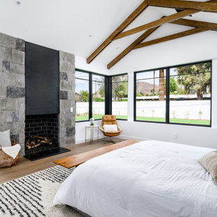 Foto de dormitorio principal, de estilo de casa de campo, grande, con paredes blancas, suelo de madera en tonos medios, chimenea tradicional, marco de chimenea de metal y suelo marrón