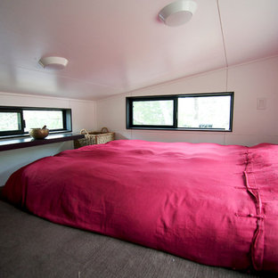 Foto de dormitorio tipo loft, moderno, pequeño, con paredes blancas y suelo de madera en tonos medios