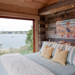 Inspiration for a rustic guest bedroom remodel in Boston with brown walls and no fireplace