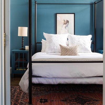 Bedroom - transitional dark wood floor and brown floor bedroom idea in Salt Lake City with blue walls