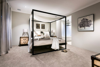 Modelo de dormitorio moderno con moqueta y suelo beige