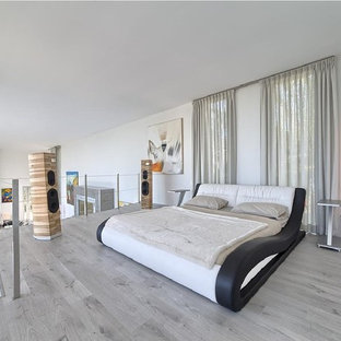 Ejemplo de dormitorio tipo loft, actual, con paredes blancas y suelo gris