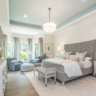 Traditional master bedroom in Other with beige walls, medium hardwood flooring and brown floors.