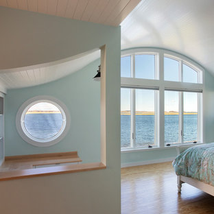 Ispirazione per una camera matrimoniale stile marinaro di medie dimensioni con pareti blu, parquet chiaro, camino lineare Ribbon e cornice del camino in legno