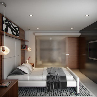 Diseño de dormitorio principal, minimalista, de tamaño medio, sin chimenea, con paredes grises y suelo de cemento