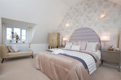 Inspiration for a large contemporary master bedroom in Berkshire with white walls, carpet and beige floors.