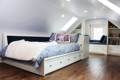 Inspiration for a mid-sized contemporary light wood floor bedroom remodel in Toronto with blue walls and no fireplace