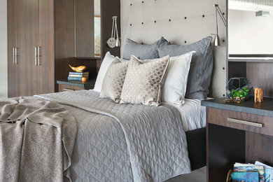 Diseño de dormitorio tipo loft minimalista de tamaño medio con paredes grises, suelo de cemento y suelo gris