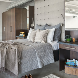 Diseño de dormitorio tipo loft, minimalista, de tamaño medio, con paredes grises, suelo de cemento y suelo gris