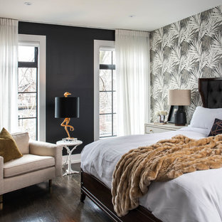 Photo of a classic master bedroom in Toronto with multi-coloured walls and dark hardwood flooring.