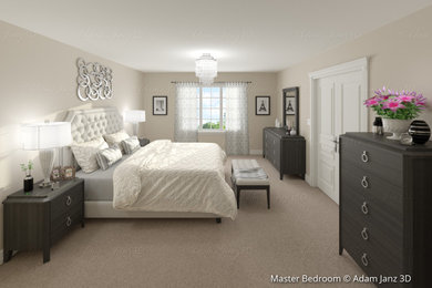 トロントにある広いトランジショナルスタイルのおしゃれな主寝室 (ベージュの壁、カーペット敷き、暖炉なし、茶色い床)