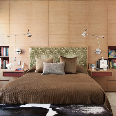 Example of a trendy master bedroom design in Chicago with beige walls