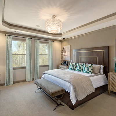 Transitional master carpeted bedroom photo in Atlanta with gray walls