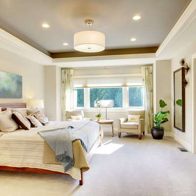 Inspiration for a timeless carpeted bedroom remodel in Tampa with gray walls and no fireplace