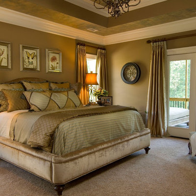 Inspiration for a timeless carpeted bedroom remodel in Other with brown walls and no fireplace