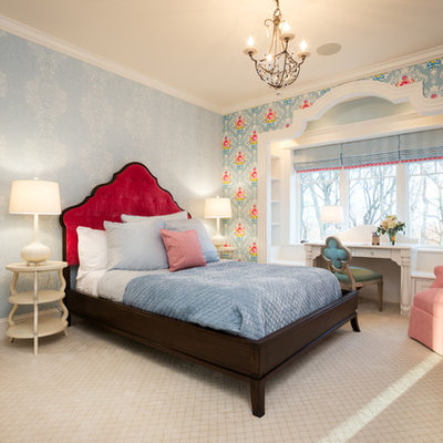 Elegant carpeted bedroom photo in Minneapolis with multicolored walls