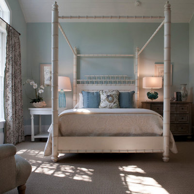 Elegant guest medium tone wood floor bedroom photo in Jacksonville with blue walls and no fireplace