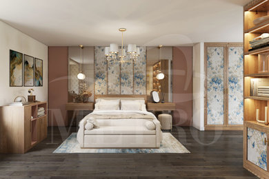 Imagen de dormitorio principal clásico grande con suelo laminado, suelo marrón y panelado