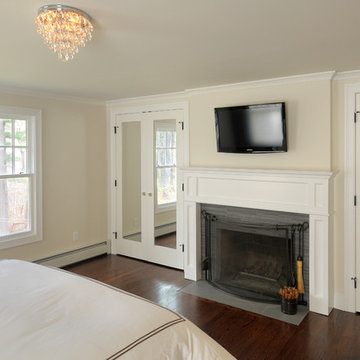 Traditional Master Bedroom Remodel, mirrored closet doors, fireplace, oak hardwo