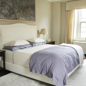 Transitional bedroom in ivory and violet