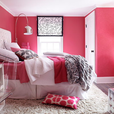 Bedroom - transitional bedroom idea in New York with pink walls