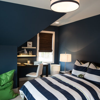 Inspiration for a mid-sized transitional carpeted bedroom remodel in Minneapolis with blue walls and no fireplace