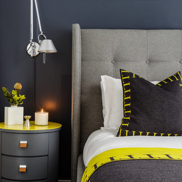 Transitional Blue, Gray + Yellow Masculine Bedroom with Tufted Headboard