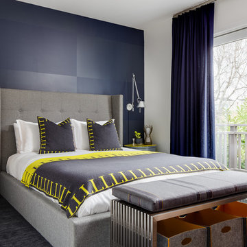 Transitional Blue, Gray + Yellow Masculine Bedroom