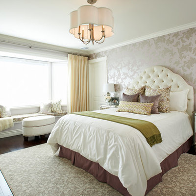 Example of a trendy brown floor bedroom design in Vancouver with multicolored walls