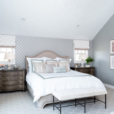 Bedroom - transitional carpeted and gray floor bedroom idea in New York with gray walls