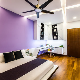 Imagen de dormitorio minimalista, de tamaño medio, con paredes púrpuras y suelo de madera en tonos medios
