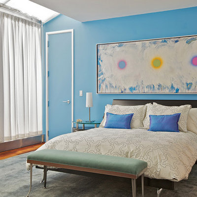 Inspiration for a contemporary bedroom remodel in New York with blue walls
