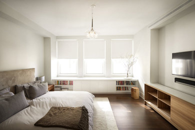 Ejemplo de dormitorio moderno con paredes blancas, suelo de madera oscura y suelo marrón