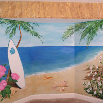 Tropical beach mural, hibiscus, name mural