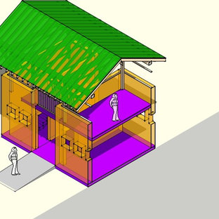 Imagen de habitación de invitados exótica, pequeña, con paredes amarillas y suelo de baldosas de terracota